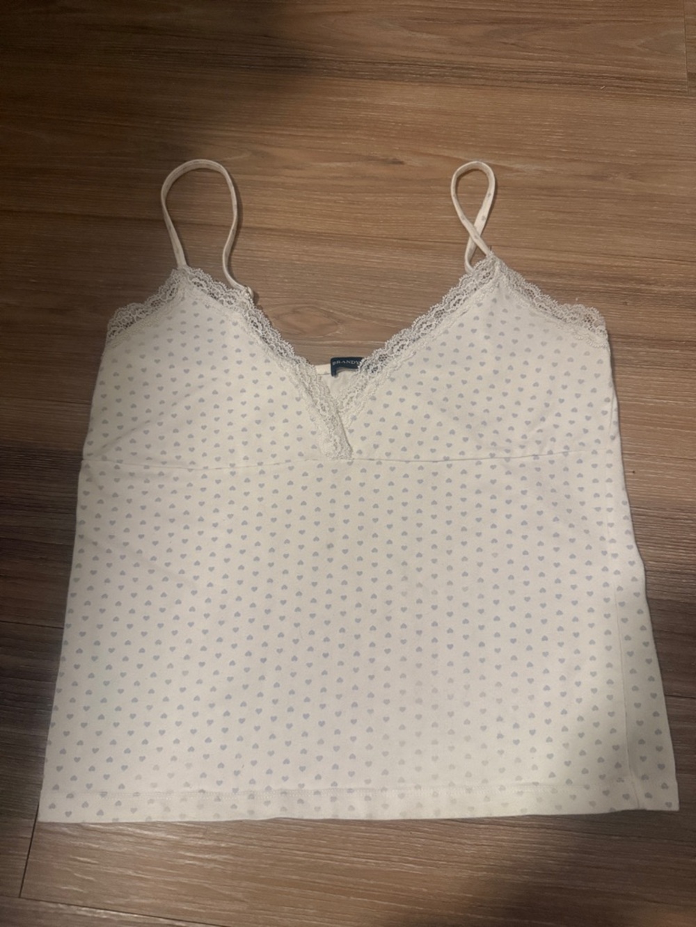 Brandy Melville Sleeveless Lace-Trim White Cami with Light Blue Heart Print Tank